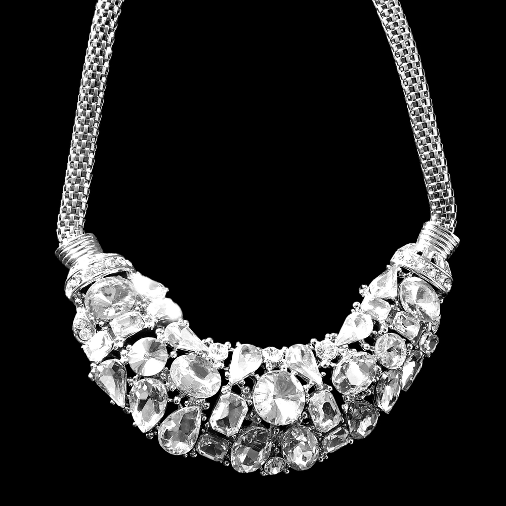 Sparkly Silver-Tone Statement Bib Necklace Excellent Condition